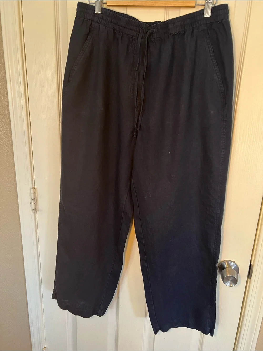 Banana Republic 100% Linen Wide Leg Pants Navy Blue Drawstring Size Large
